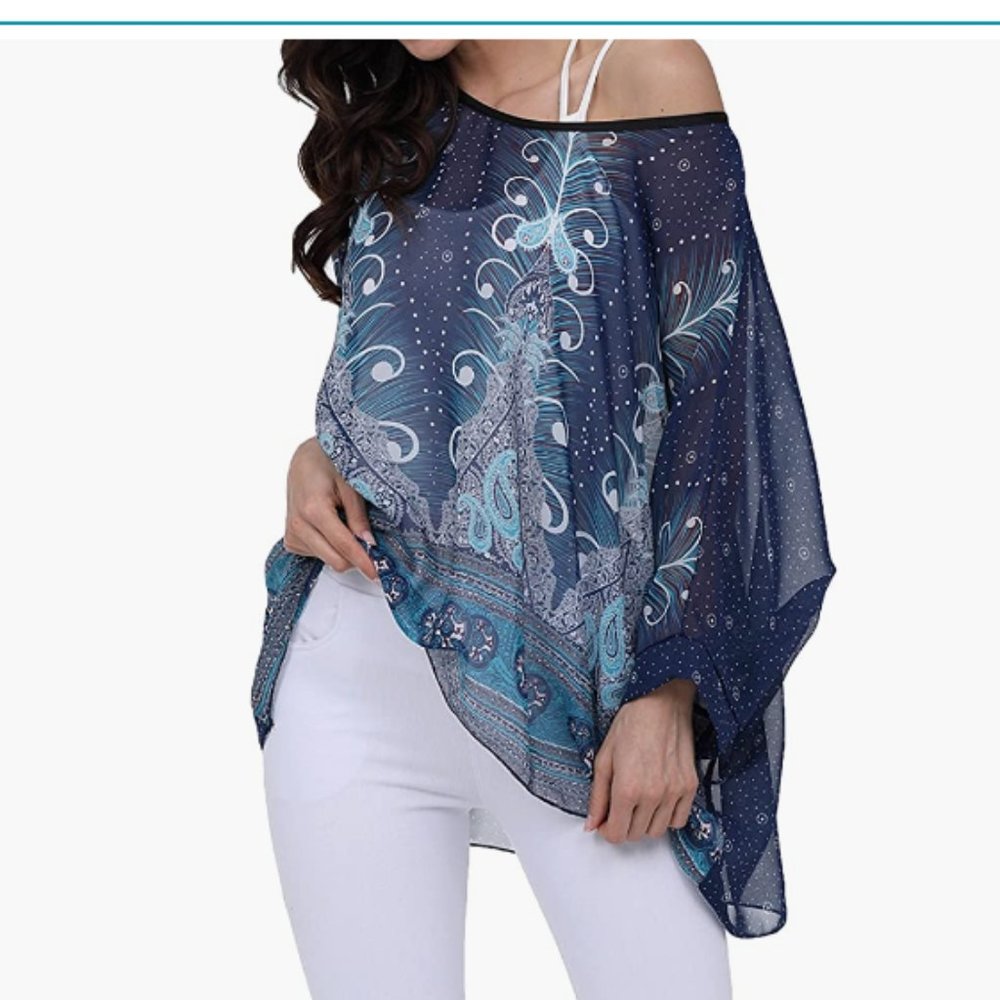 Bohemian Floral Chiffon Batwing Semi Sheer Loose Top NEVER BEEN WORN